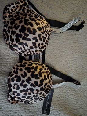 Leopard Print Push-Up Bra with Rhinestone Straps - 36C